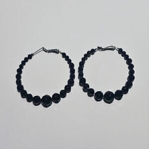 Black Beaded Hoop Dangle Earrings
